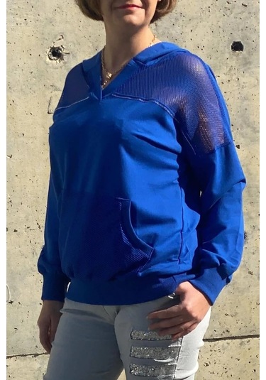 Kadın Saks Mavi File Detaylı Bluz Saks Mavi