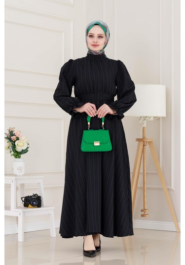 Kolu Volanlı Kemerli Henna Elbise-siyah-5060 Siyah