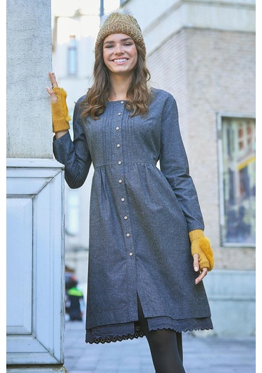 Nervürlü Yaka Dantelli Uzun Kollu Gri Elbise Desenli