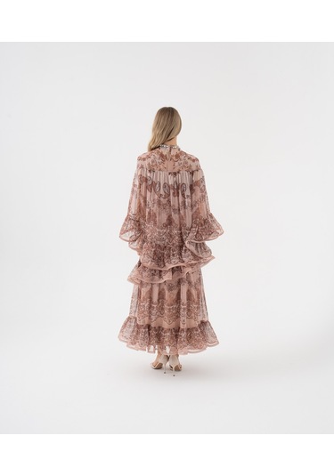 Dantel Desenli Katlı Şifon Volanlı Bluz Kahve