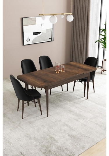 Sar Pakete Almira Serisi, Barok Ahşap Desen 80x132 Açılabilir Mdf Mutfak Masası Takımı 4 Adet Sandalye Siyah