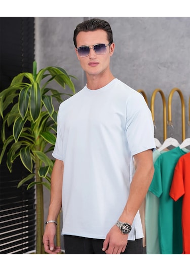 Modefendi Pamuk Likra Yırtmaç Detaylı 2 İplik Oversize Tshirt Buz Mavi
