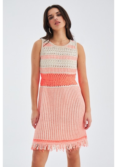 Peraluna Kiyo Dress Kolsuz Pamuklu Diz Hizası Yazlık Kadın Elbise Bej- Neon Turuncu