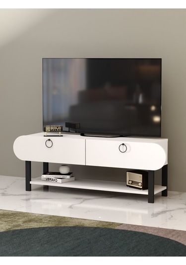 Tv Sehpası Tv Ünitesi Kapaklı Raflı Setro Beyaz Beyaz