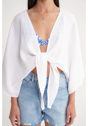 4723 Kadın Önü Bağlamalı Bolero Bluz Ekru Ekru