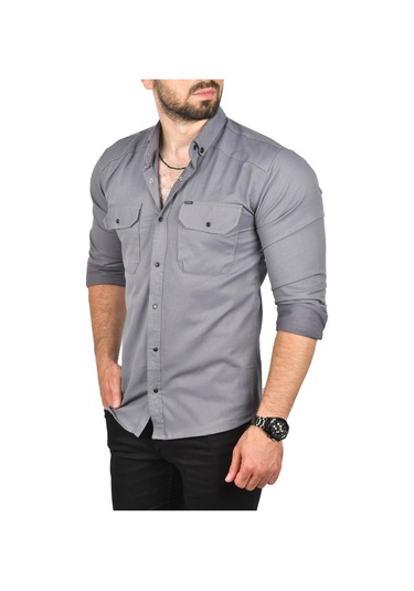 Deepsea Erkek Füme Slim Fit Dar Kesim Pamuklu Spor Gömlek Çıtçıtlı Likralı Gabardin Gömlek 2300421 Füme
