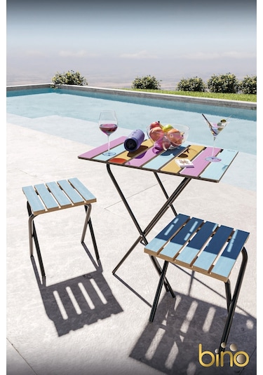 Bino Bino Masa Sandalye Bistro Set Yükseklik Ayarlı Ahşap 3'Lü Set Mavi