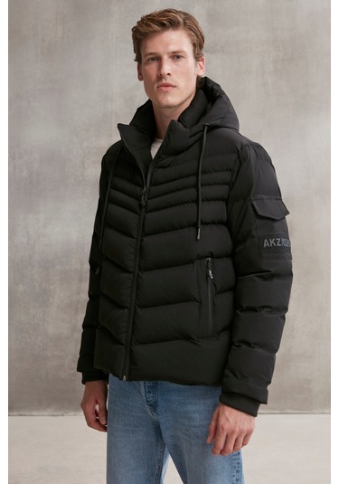 Allan Erkek Su Geçirmez Fermuarlı Kapüşonlu Kol Arma Ve Cep detaylı şişme Siyah Mont