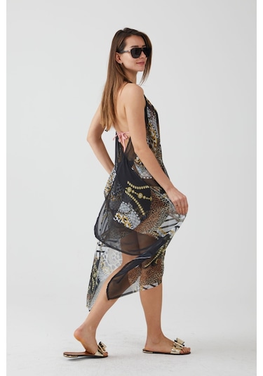 Ays Home Moda Leopar Desen Siyah Plaj Elbisesi Siyah
