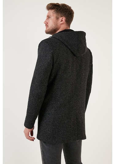 Buratti Çıkarılabilir Kapüşonlu Kırçıllı Slim Fit Kaşe Erkek Kaban 5841013 Antrasit Noktalı