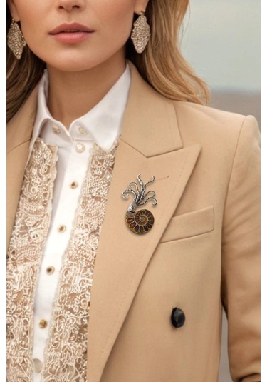 Gerçek Amonit Fosili Benzersiz Broş Br10-9 Kahverengi