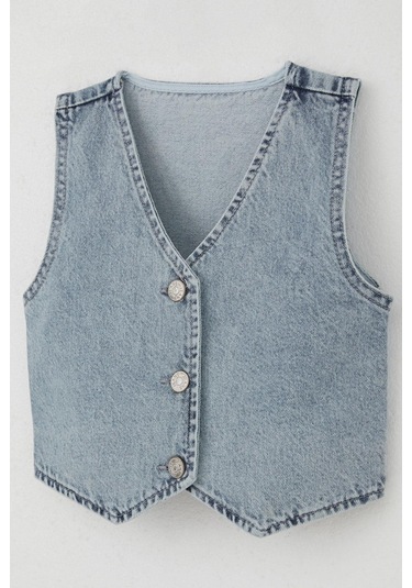 Breeze Kız Çocuk Yelek Kot Düğme Kapamalı V Yaka 4-14 Yaş, Açık Mavi Açık Mavi