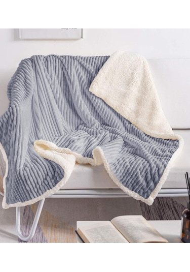 Sherpa Battaniye Çift Kişilik Çizgili Yumuşak Peluş Wellsoft Yatak Örtüsü Gri