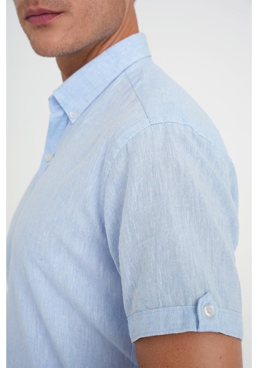 Comfort Fit Düğme Yaka Kısa Kol %100 Keten Düz Mavi Gömlek G 1596 Mavi