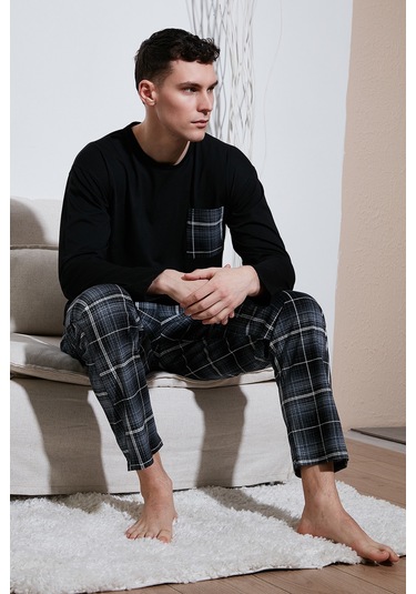 Buratti Ekoseli Cepli Beli Lastikli % 100 Pamuk Regular Fit Erkek Pijama Takımı 6572001 Siyah-Antrasit