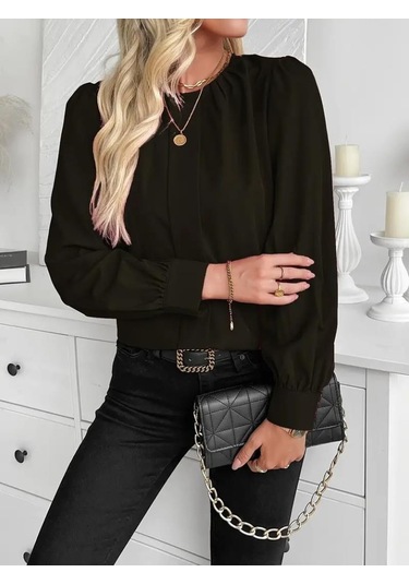 Kadın Uzun Kollu Bisiklet Yaka Pileli Ithal Krep Bluz Siyah