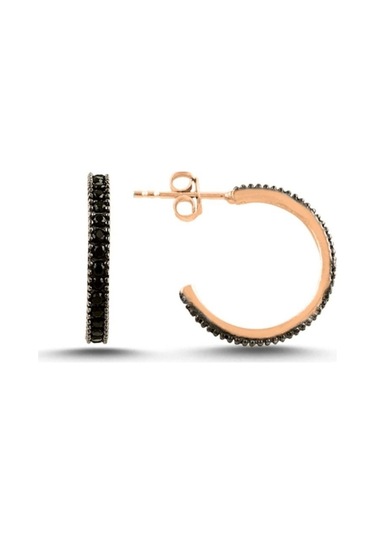 Siyah Taşlı Rose Gümüş Halka Küpe Klipsli 16 Mm Wsk05