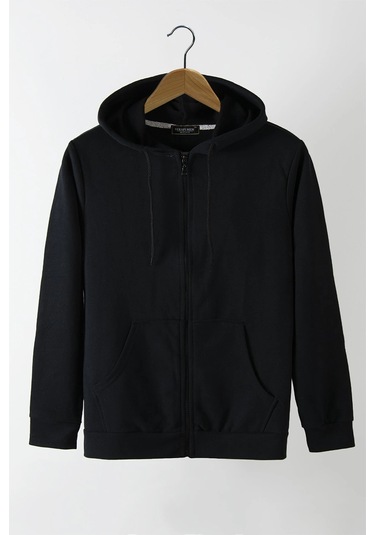 Relax&Basic Ünisex Basic Slim Fit Kapüşonlu Fermuarlı Cepli Sweatshirt Siyah Siyah