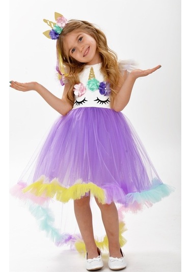 Unicorn Leylak Kuyruk Detaylı Gökkuşağı Taçlı Kız Çocuk Parti Elb