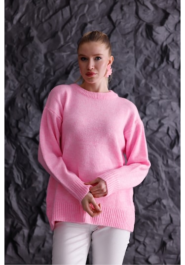 Bisiklet Yaka Oversize Basic Triko Kazak Pembe