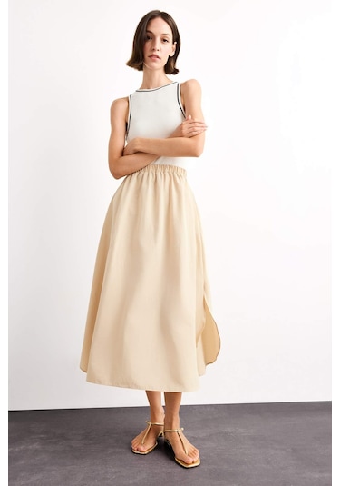 Defacto A Kesim Pamuklu Kolsuz Midi Elbise G1358ax25smer105 Ekru