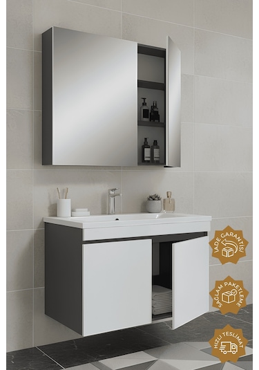 Teta Home Tokyo 80 Cm Mdf Banyo Dolabı Seti Antrasit - Beyaz