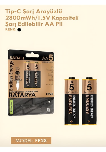 Type-c Şarjlı 2800mwh 1.5v Şarj Edilebilir 2'li Aa Kalın Pil - Lityum İyon Batarya