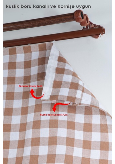 Naturel Potlu Ekose Tül Perde Retro Kahve Rengi