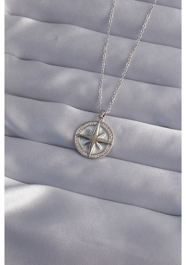 316l Çelik Zincir Gümüş Renk Zirkon Taşlı Kutup Yıldızı Kolye - Ebj240912w27680 Bakır