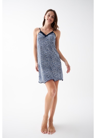 Akbeniz Kadın Mavi Leopar Desenli Dantel Detaylı İp Askılı Gecelik Mavi