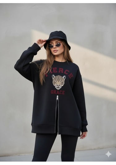 Fermuarlı Leopar Baskılı Oversize Siyah Sweat Siyah