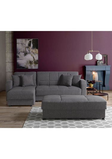Roma Çekyatlı Puflu Yataklı Köşe Koltuk Takımı Gri