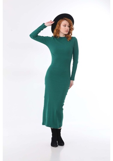 Kallima Yeşil Bodycon Dik Yaka Uzun Kollu Fitilli Elbise - 130 Cm Yeşil