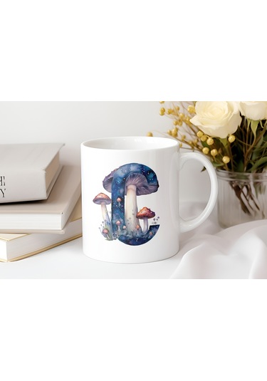 C Baş Harfi Fantastik Mantarlı Kupa Bardak - Kişiye Özel Masalsı Bardak - Hediye Beyaz
