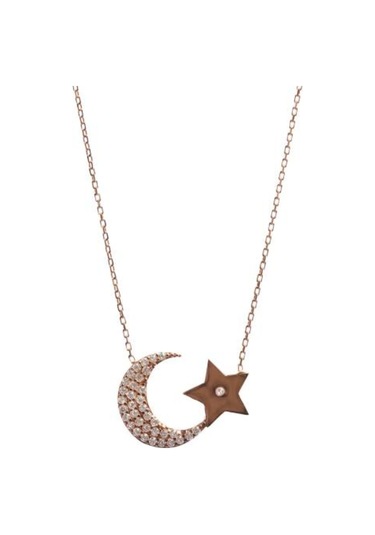 925 Ayar Gümüş Ay Yıldız Gümüş Kolye Pembe Altın Kaplama