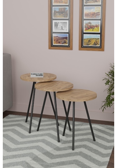 3'lü Zigon Sehpa Seti Metal Ayaklı Yan Sehpa Atlantik Çam