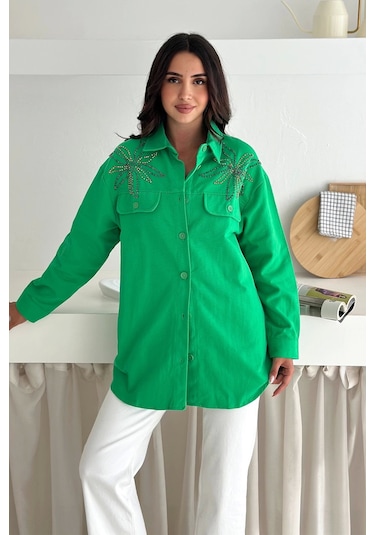 Asprin Fashion Taş Detaylı Gömlek Yeşil Yeşil