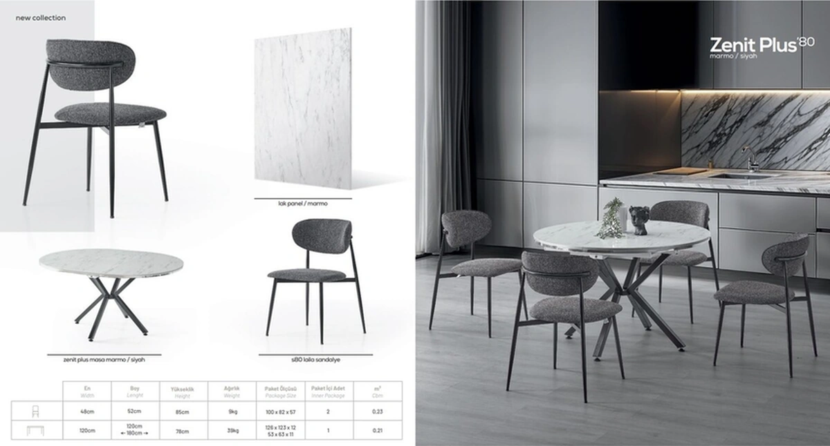 Dengema Zenit Plus Açılır Yuvarlak Masa Takımı Beyaz Mermer Siyah Ayak Ø120 160 Cm, 4 Sandalye Beyaz Mermer - Siyah Ayak