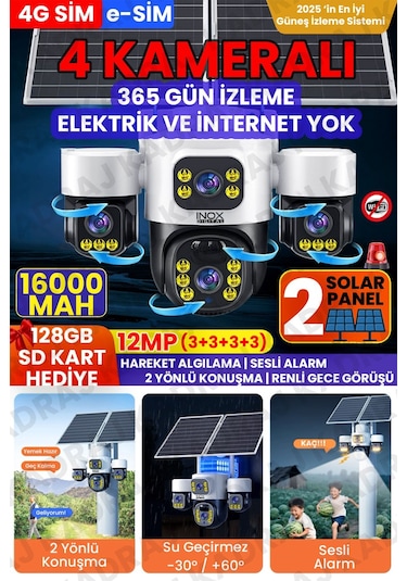 4 Kameralı Inox Modeli , 4g + E-sim, 2 Solar Panelli, Uzaktan İzleme , Hareket Takip , Alarm , Sesli Konuşma, 16000 Mah Batarya