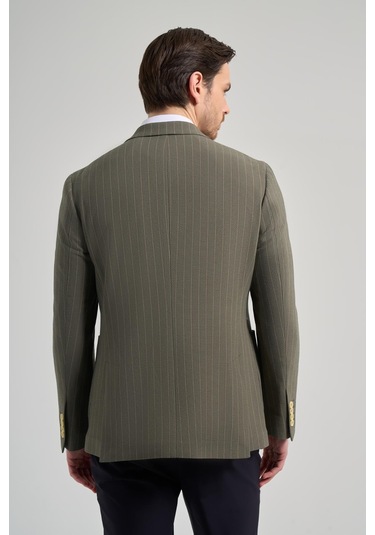 Çizgili Desen Gofreli Mono Yaka Malzemesiz Esnek 6 Drop Slim Fit Ceket 1002250122 Koyu Haki