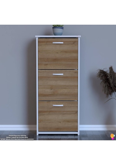 Modilayn West Antre 52x116x 26 Cm Lik 3 Düşer Kapak 6 Göz Bölmeli Ayakkabılık Meşe - Beyaz