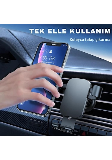 Polham Havalandırma Girişli Araç Telefon Tutucu, Titremez Düşmez Otomatik Kilitli Telefon Tutucu Siyah