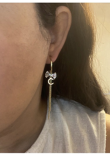 Kadın Harf Ve Fiyonk Detay Çelik Sallantılı Küpe Gold