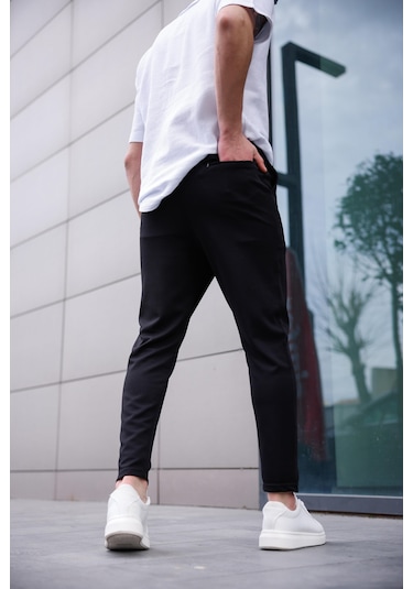 Erkek Siyah Renk Likralı Kumaş Jogger Pantolon-1760 Siyah