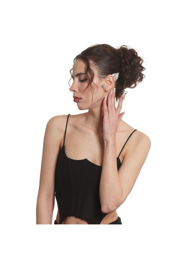 Kadın Gümüş Renk Lak Kaplama Taşlı Dokulu Yaprak Stilizesi Sol Kulak Earcuff & Kıkırdak Küpe Çok Renkli