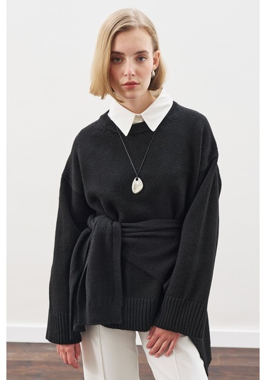 Kare Yaka Bağlamalı Triko Atkı Siyah Siyah