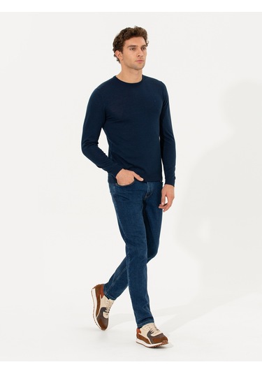 Cacharel Lacivert Slim Fit Bisiklet Yaka Basic Triko Kazak