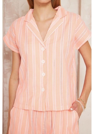 Kadın Özel Kumaş Ceket Yaka Beli Lastikli Kısa Kol Gömlek Cepli Şort Takım 3625290 Turuncu