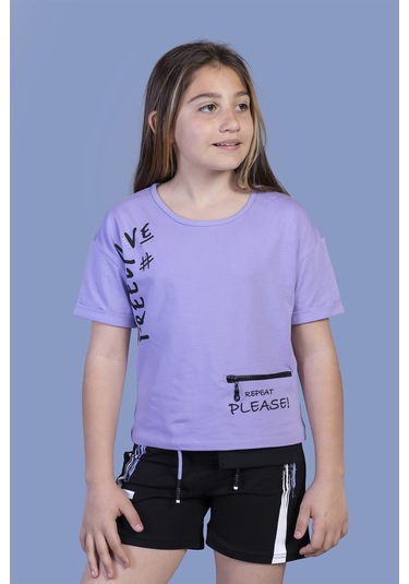 Toontoy Kız Çocuk Cep Detaylı Baskılı Şortlu Takım Lila