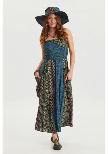 Straplez Göğüs Cep Detaylı Kloş Elbise M